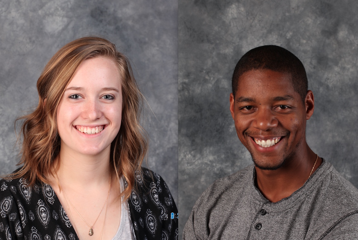 Two Bethany Lutheran College students, a woman and a man, are shown smiling in individual portraits against gray studio backdrops.