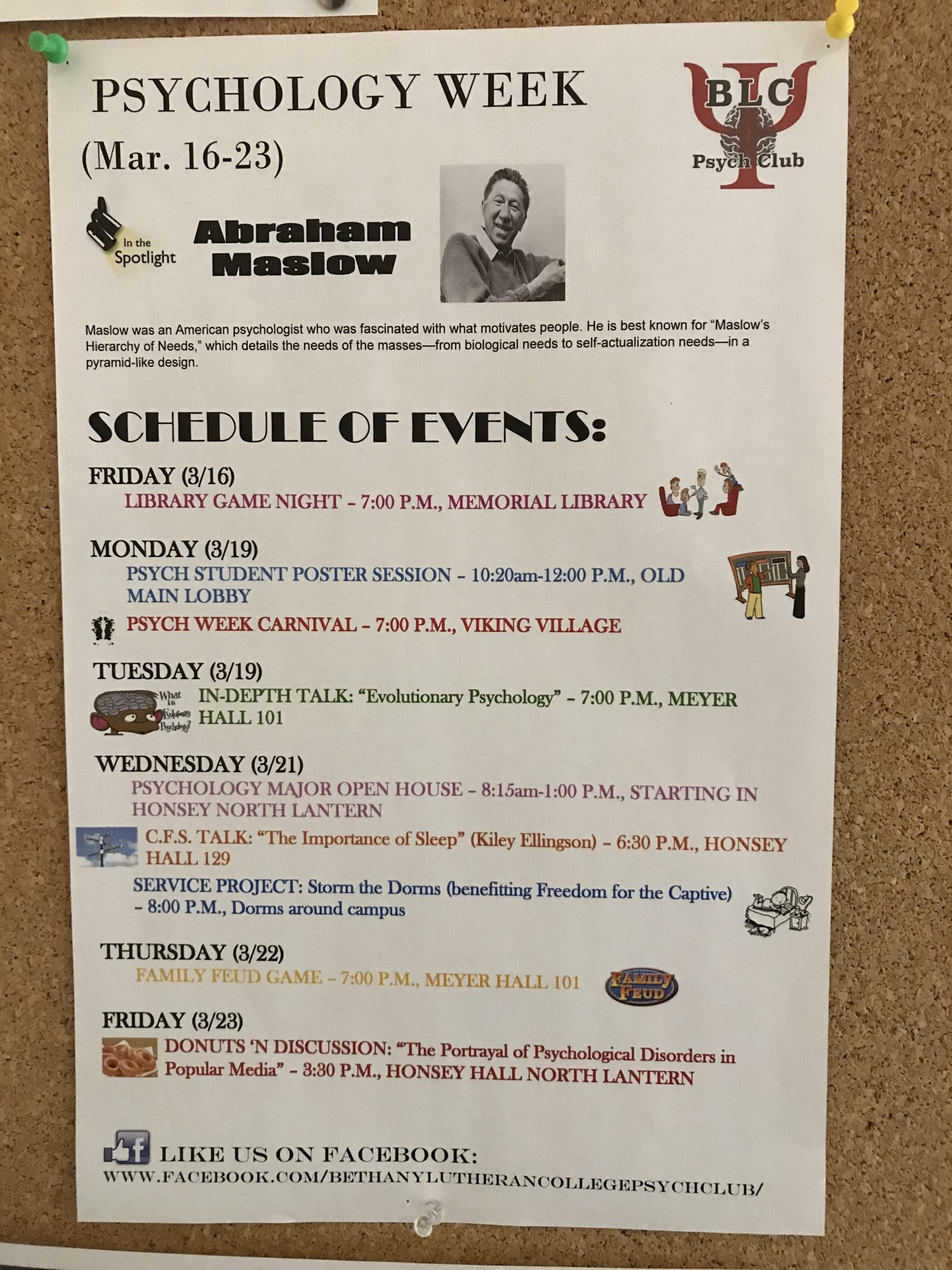 A bulletin board at Bethany Lutheran College displays the Psychology Week schedule, featuring event dates, times, locations, and a photo of Abraham Maslow.