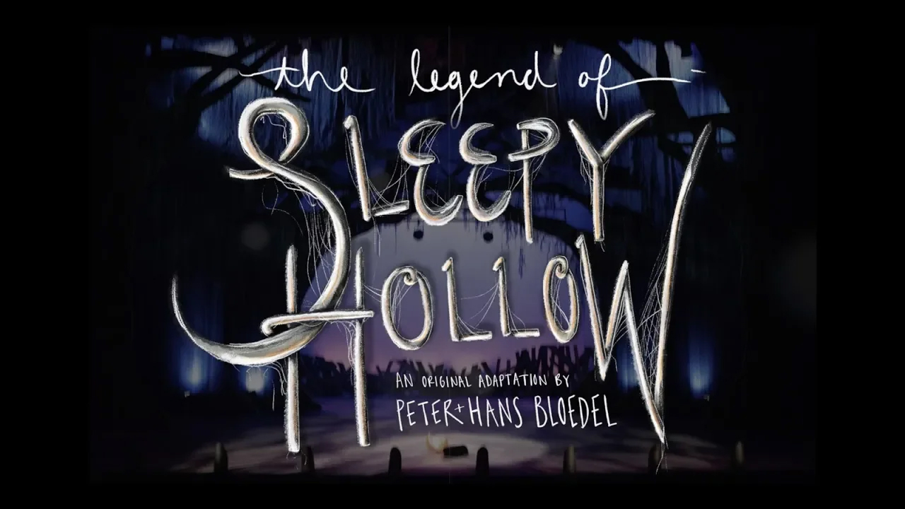 The image is a promotional graphic for Bethany Lutheran Colleges adaptation of The Legend of Sleepy Hollow by Peter-Hans Bloedel. Dark trees and blue lighting create a mysterious atmosphere in the background, setting the tone for this theatrical production.