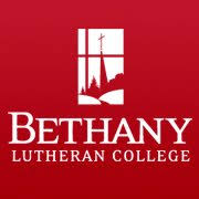 Bethany Lutheran College logo featuring a steeple and cross within a window, set on a red background.