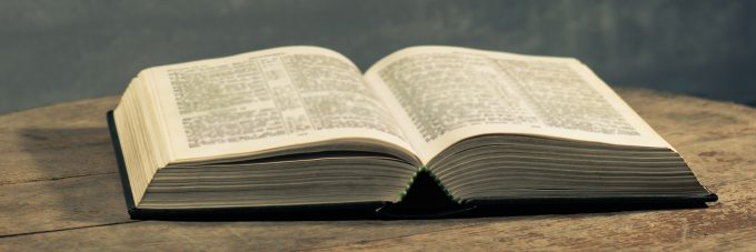 An open book with printed text rests on a wooden surface, set against a blurred gray background. This image could represent academic study or reading at Bethany Lutheran College.