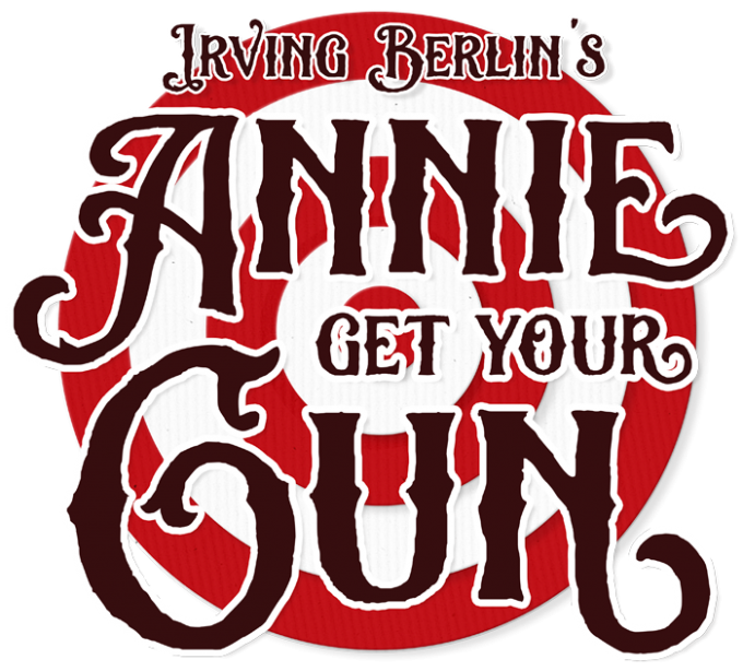 Logo for Irving Berlins *Annie Get Your Gun* featuring stylized text over a red and white target background—Bethany Lutheran College theatre production branding.