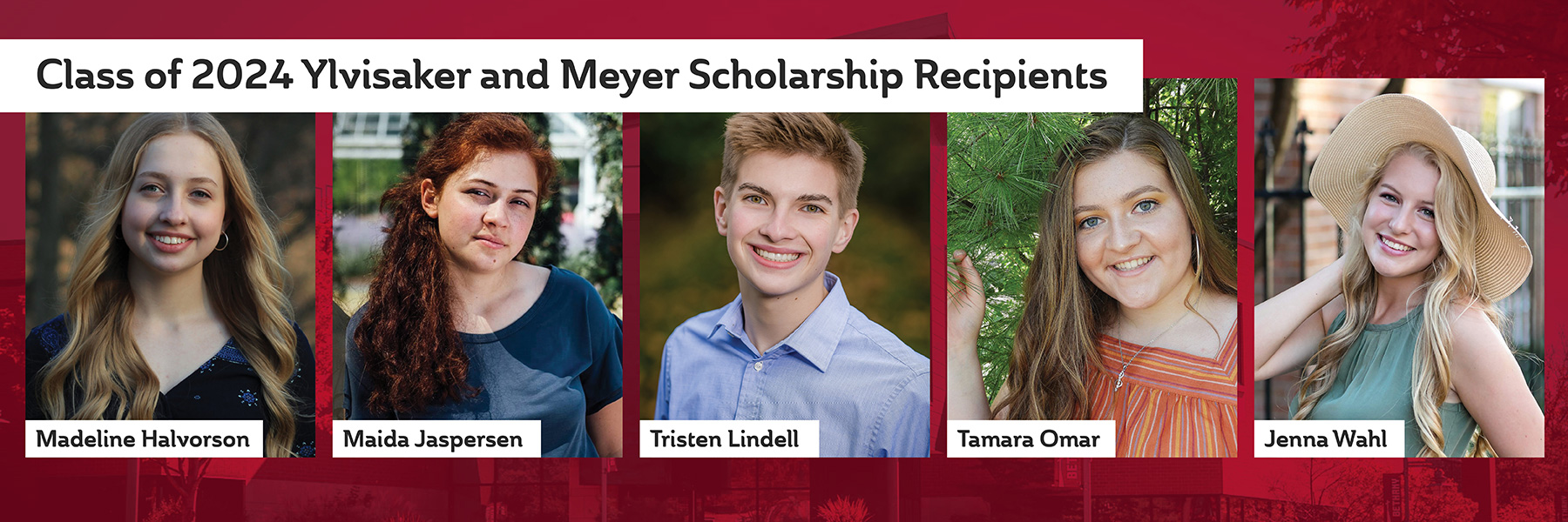 Five Bethany Lutheran College scholarship recipients are shown in individual portraits, each smiling. Their names are listed below their photos.