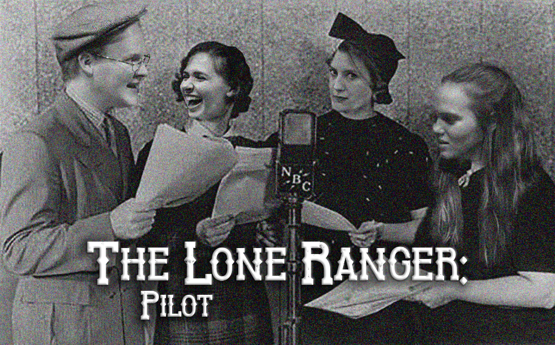Four Bethany Lutheran College students stand around a microphone labeled NBC, each holding scripts, presenting a live reading of The Lone Ranger: Pilot.