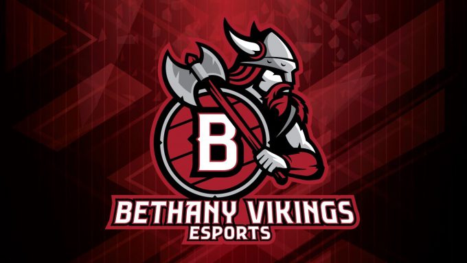 Bethany Lutheran College Vikings Esports logo—features a Viking holding an axe and a shield with a B, set against a red geometric background.