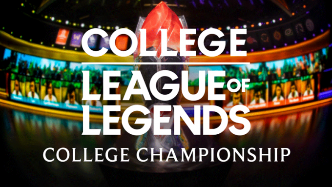 A trophy inscribed with “College League of Legends College Championship” is showcased in front of a digital display featuring player images, representing a competitive esports achievement that could involve Bethany Lutheran College students.