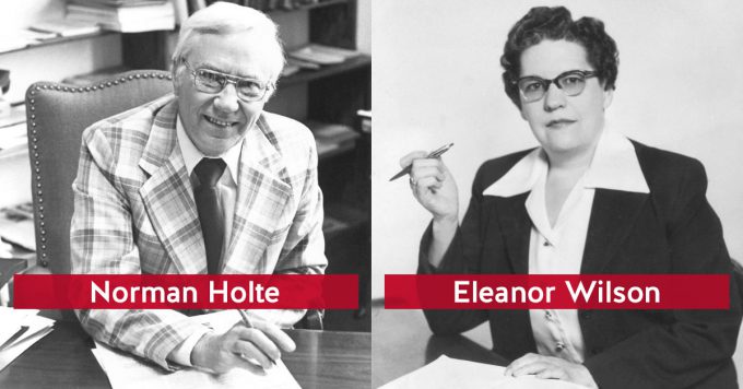 Two black-and-white portraits show a man in a plaid jacket and a woman wearing glasses, both seated at desks—possibly faculty or staff at Bethany Lutheran College.