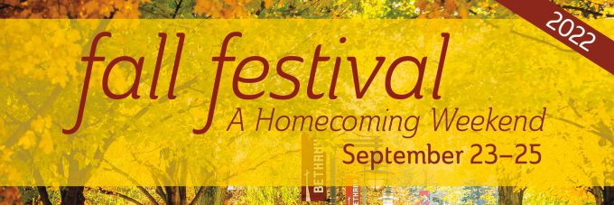 Banner promoting Bethany Lutheran Colleges Fall Festival and Homecoming Weekend, held September 23–25, 2022. The background features colorful autumn trees, emphasizing the seasonal theme.
