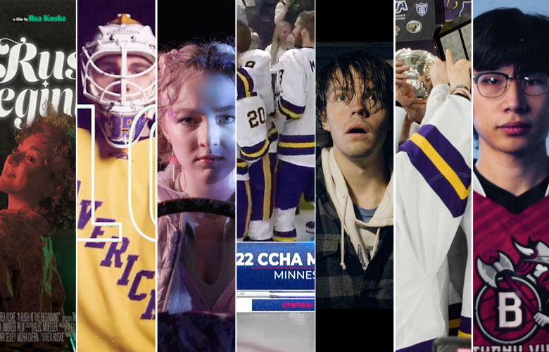 A collage showcasing Bethany Lutheran College hockey highlights, including players in action, a team celebration, a trophy presentation, and students dressed in hockey jerseys and gear.