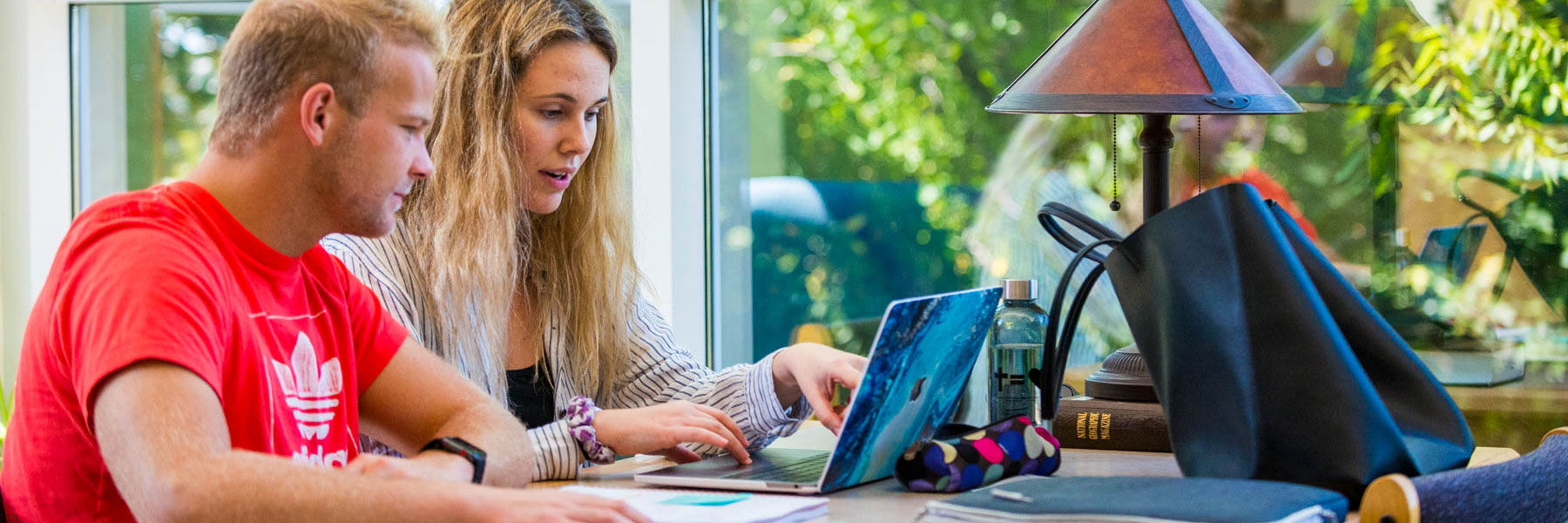 Two students sit at a table near a sunny window on the Mankato campus, studying together.
