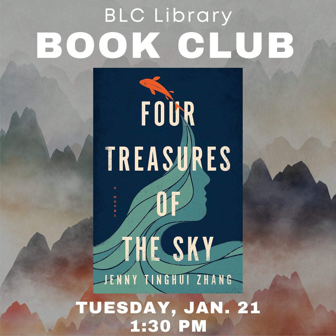 Book club poster at Bethany Lutheran College featuring Four Treasures of the Sky by Jenny Tinghui Zhang; January 21, 1:30 PM.