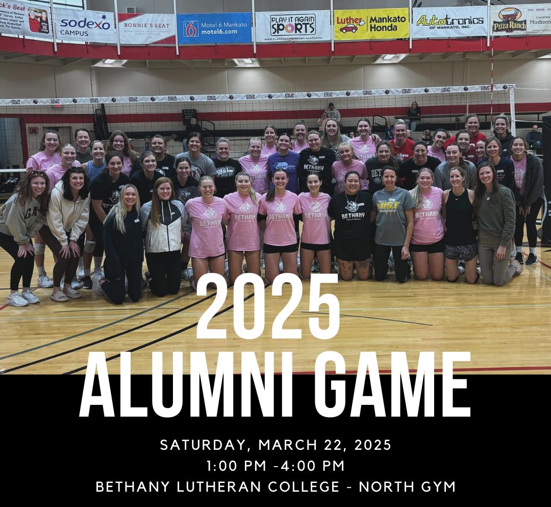 A group of women pose on a gymnasium court in Mankato to promote the 2025 Alumni Game at Bethany Lutheran College.