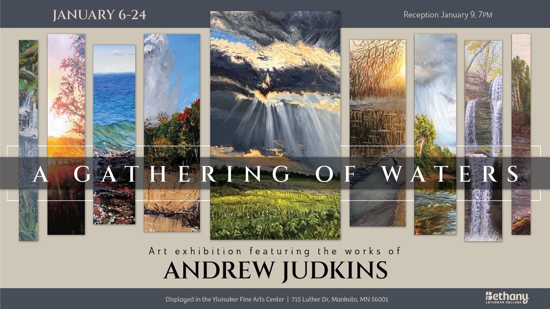 Promotional poster for an Andrew Judkins art exhibit, displaying Minnesota landscapes and providing event details for the campus community.