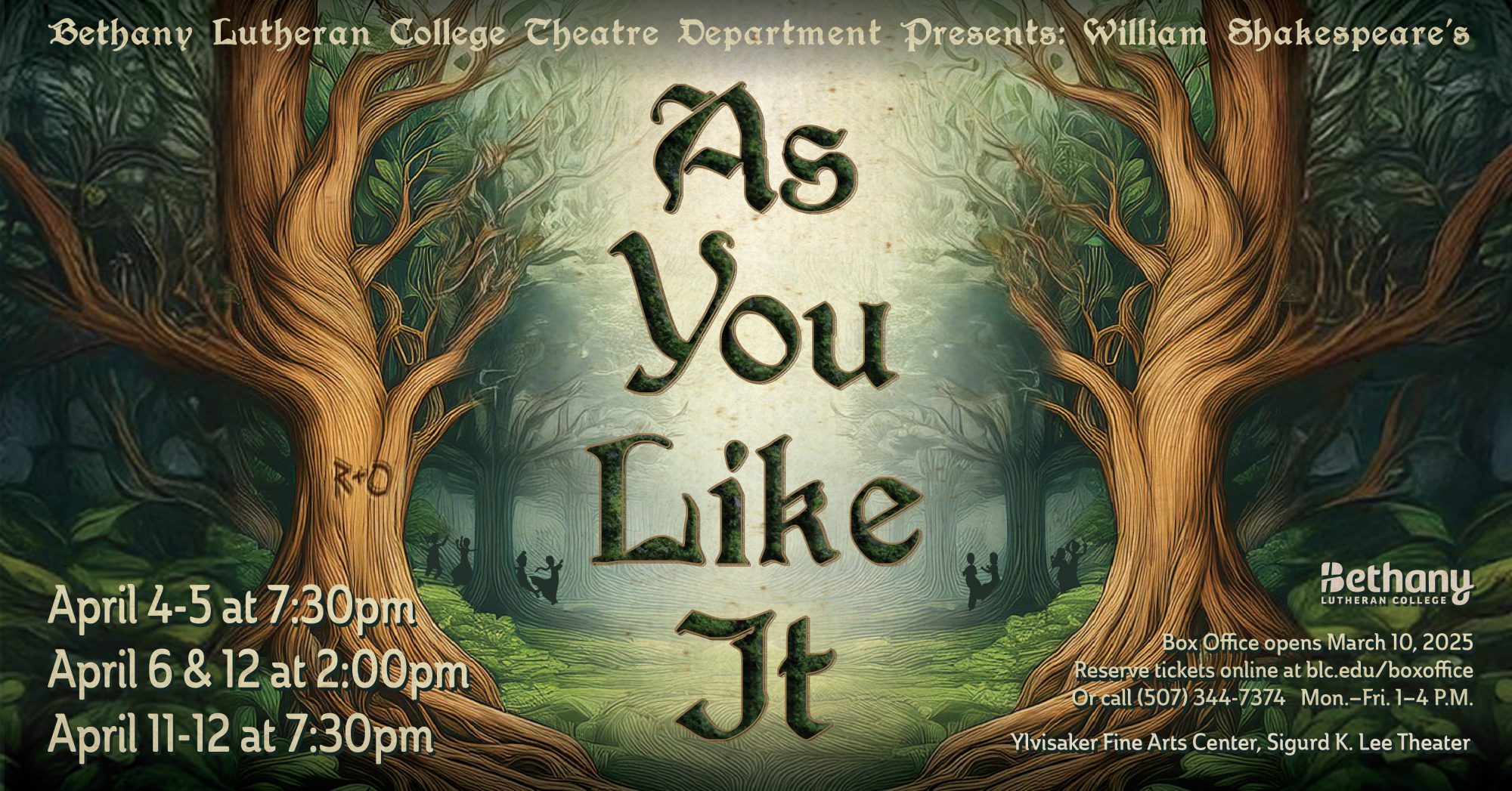 Text reads “As You Like It.” Forest scene in the background. Mankato show dates and times are listed along the edges.