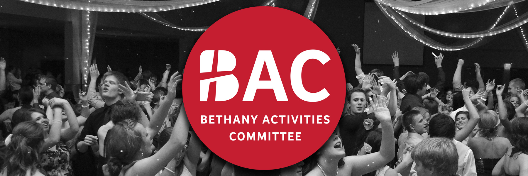 A crowd of people dancing at an event in Mankato, with a red Bethany Activities Committee (BAC) logo centered in the image.