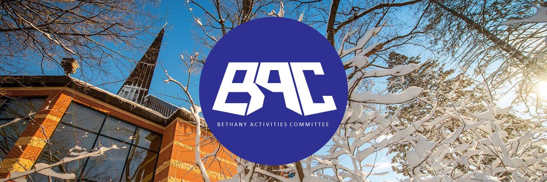 Large BAC logo over a snowy Minnesota campus scene, with a church steeple and tree branches covered in snow.