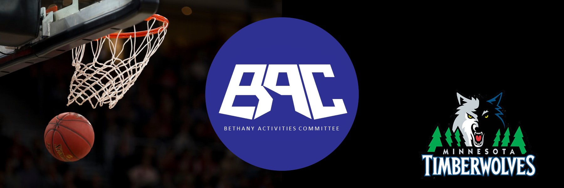 A basketball near a hoop, with the BAC logo in the center and the Mankato Timberwolves logo on a black background, representing the campus community.