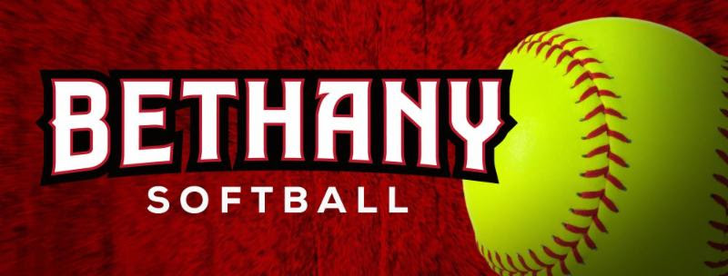 Bethany Lutheran College Softball text on a red background with a close-up of a yellow softball on the right.