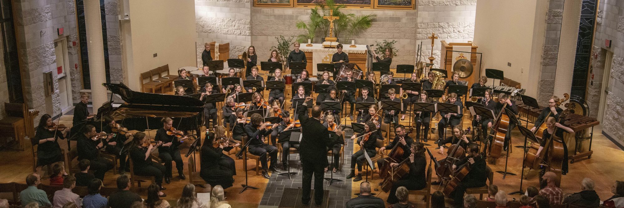 The Bethany Lutheran College orchestra performs on stage in a large, well-lit concert hall, engaging the campus community.