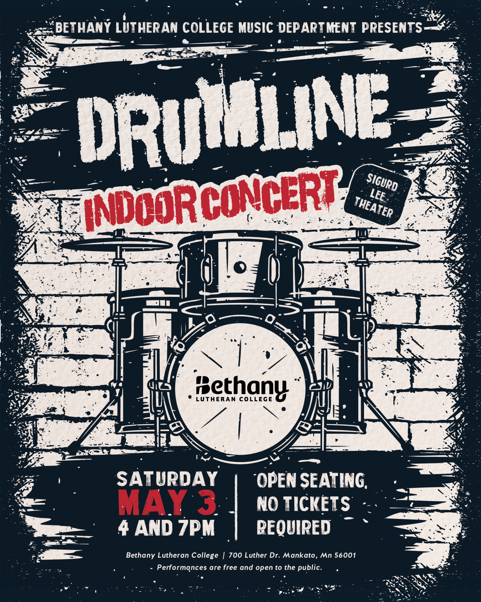 Poster for a Bethany Lutheran College drumline indoor concert, featuring prominent event details to engage the campus community.