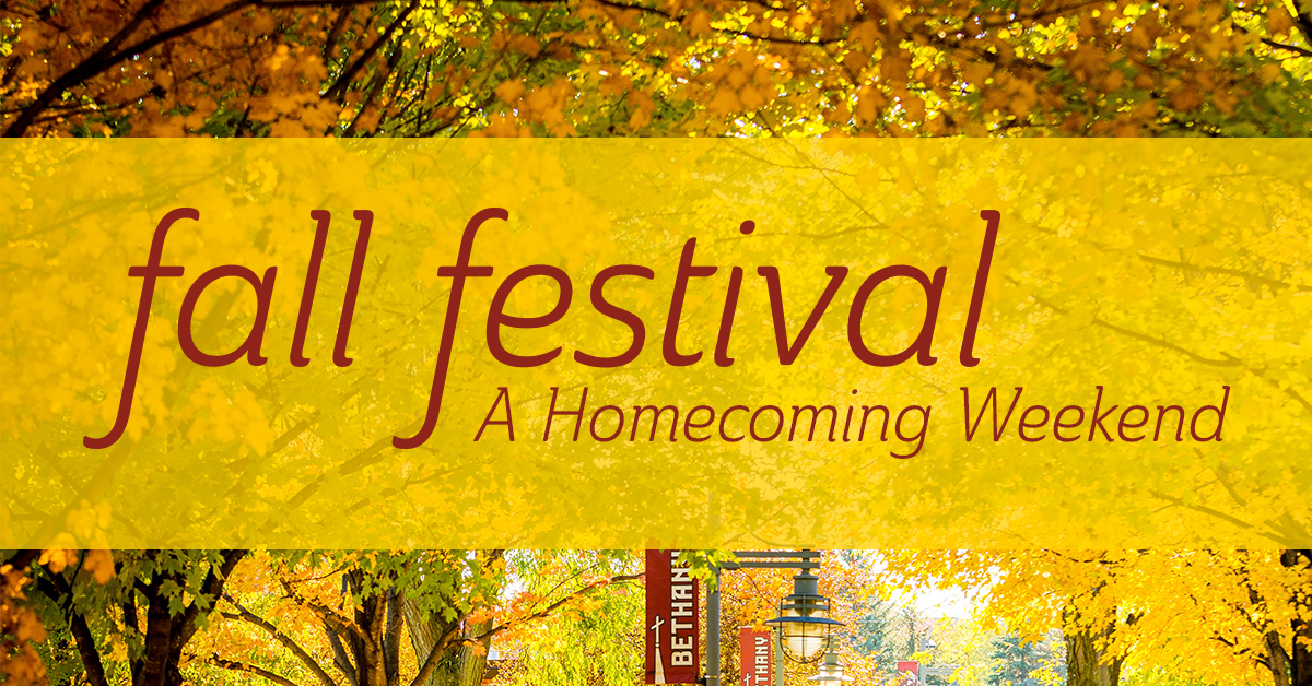 Text reads “fall festival A Homecoming Weekend” at Bethany Lutheran College, displayed over trees with yellow autumn leaves.