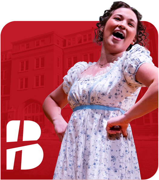 A Bethany Lutheran College student in a floral dress sings enthusiastically on stage, performing in front of a red background featuring the college building and white H logo.