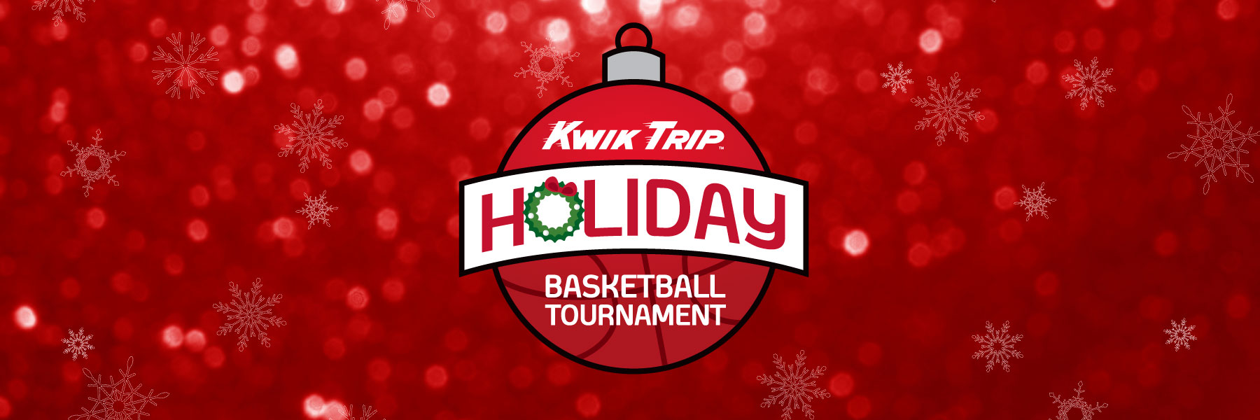 Red holiday-themed graphic featuring snowflakes and text promoting the Kwik Trip Holiday Basketball Tournament at Bethany Lutheran College.