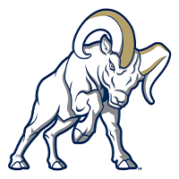 Cartoon-style white ram with large curved horns in a ready-to-charge pose, symbolizing campus community spirit.
