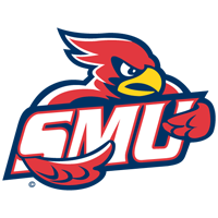 Logo featuring a red cardinal holding bold white SMU letters, representing campus community, on a dark blue background.