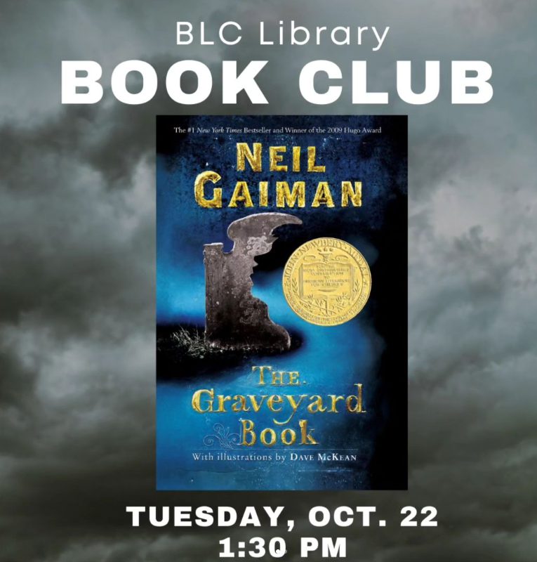 Book club flyer for Bethany Lutheran College featuring The Graveyard Book. Event details: Join us in Mankato on Tuesday, October 22 at 1:30 PM.