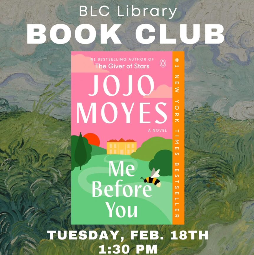 Book cover of Me Before You by Jojo Moyes displayed over a painted park background, with Mankato campus community event details shown below.