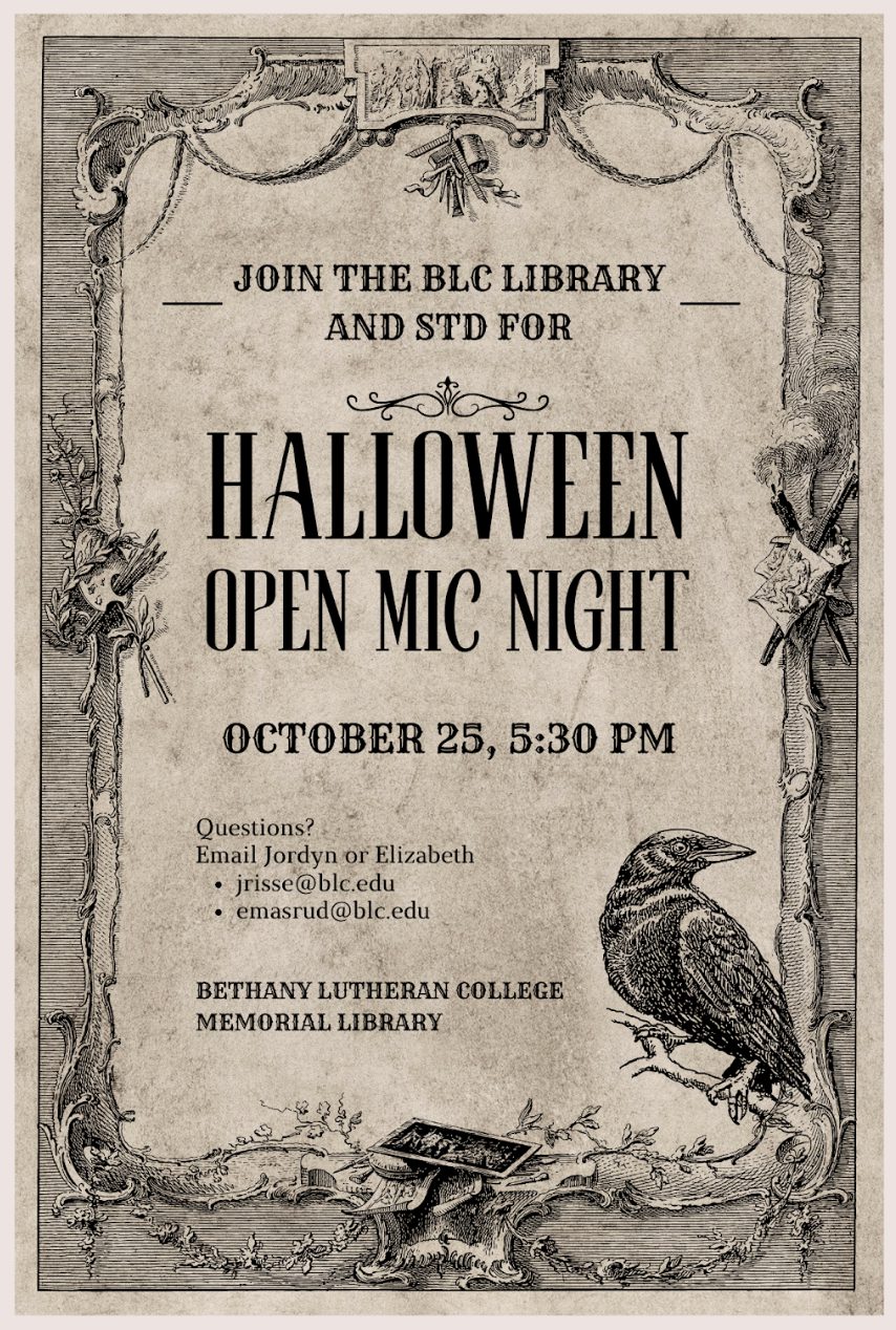 Vintage-style poster for a Halloween Open Mic Night on October 25 at 5:30 PM, held at the Bethany Lutheran College Library, encouraging student engagement.