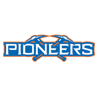 The word Pioneers in blue, with two crossed pickaxes above it, displayed on an orange background.