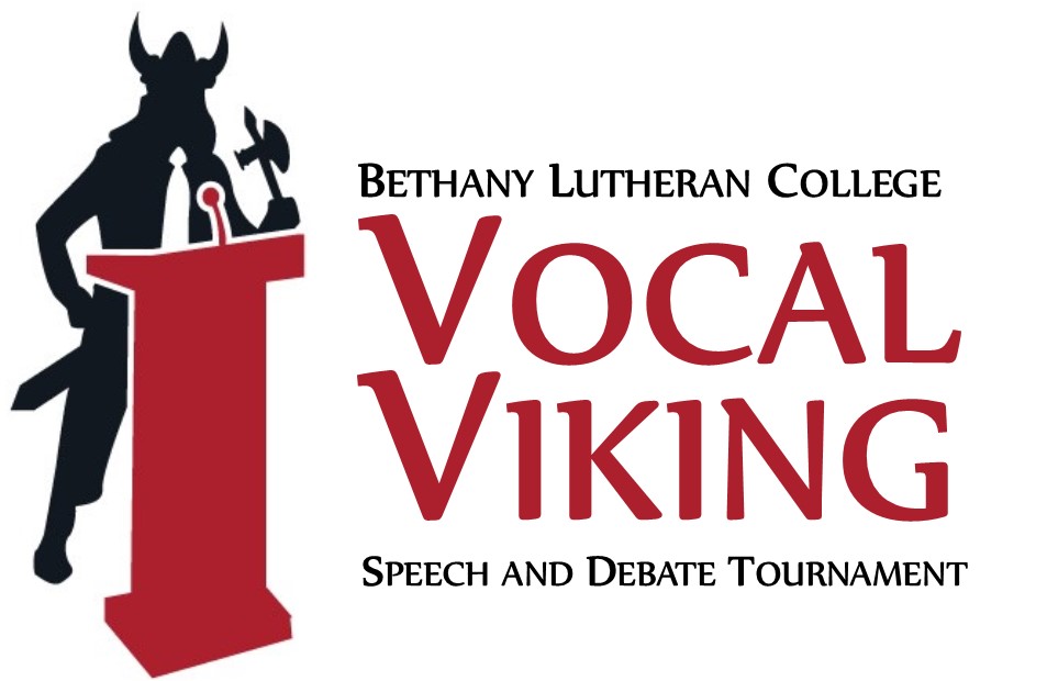 A Viking silhouette stands at a podium beside the text: Bethany Lutheran College, engaging the campus community in Mankato.