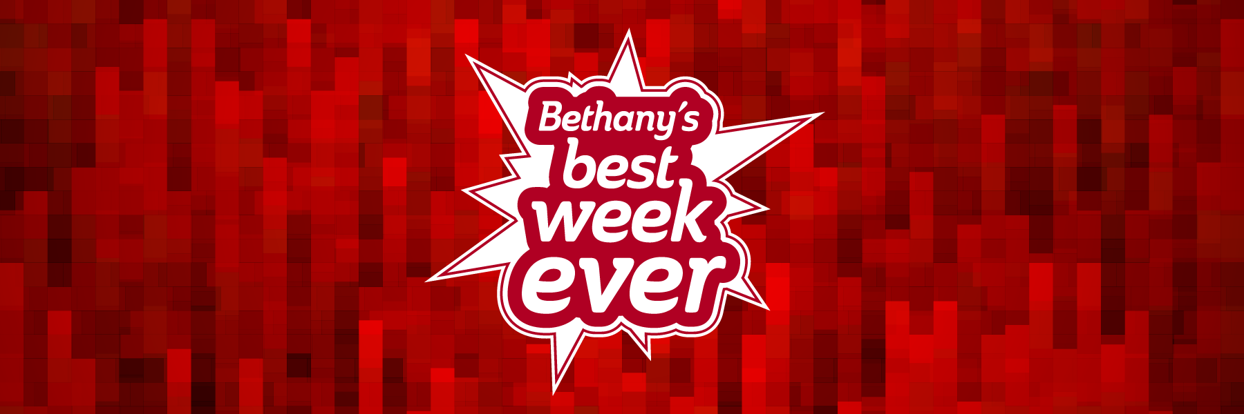 Bethany Lutheran College’s “Best Week Ever” graphic features a white explosion shape containing the event title for students, set against a red pixelated background.