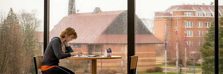 A Bethany Lutheran College student studies at a round table near a window, with campus buildings visible outside against rainy Minnesota skies.