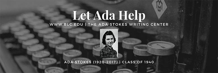 Black-and-white banner featuring a vintage typewriter, a photograph of Ada Stokes, and text promoting the Mankato campus community Writing Center.