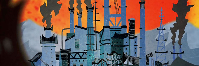 Illustration of factories with smokestacks releasing dark smoke beneath an orange sky near the Mankato campus community.