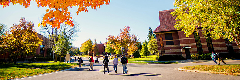 Students walk along a tree-lined campus path in Minnesota on a sunny fall day, surrounded by vibrant autumn foliage.