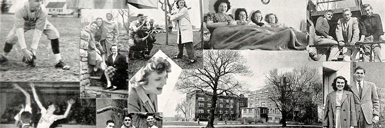 Black-and-white collage showing people engaged in various activities, with a large building and trees on the Mankato campus community.