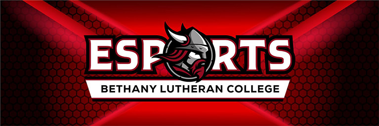 Bethany Lutheran College Esports logo featuring a Viking helmet on a red and black hexagon-patterned background, located in Minnesota.