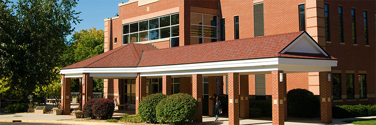 Red brick building with large windows and white trim at Bethany Lutheran College, surrounded by bushes and trees in Mankato.
