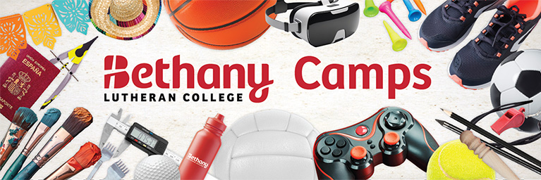 Assorted sports equipment, travel items, and art supplies surround the Bethany Lutheran College Camps logo, emphasizing student engagement.
