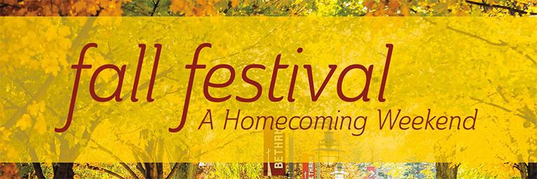 Text reads “Fall Festival: A Homecoming Weekend” over a background of autumn trees, representing campus community and student engagement.