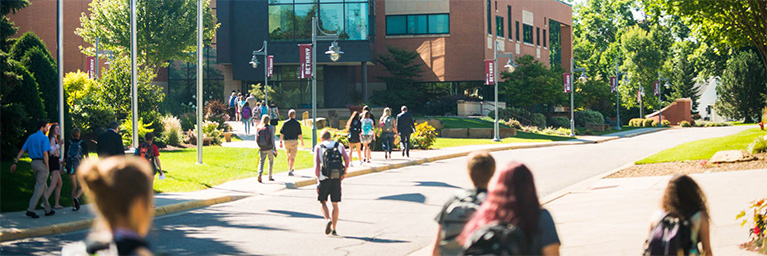 Students walk along a sunlit campus pathway at Bethany Lutheran College in Mankato, Minnesota, lined with trees and lampposts.
