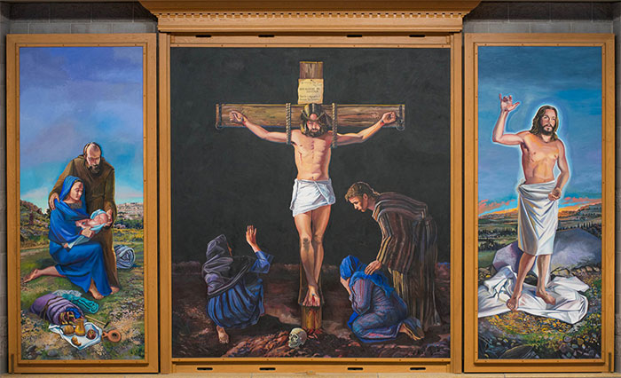Triptych depicting Jesus’ crucifixion in the center, mourners on the left panel, and his resurrection on the right panel.