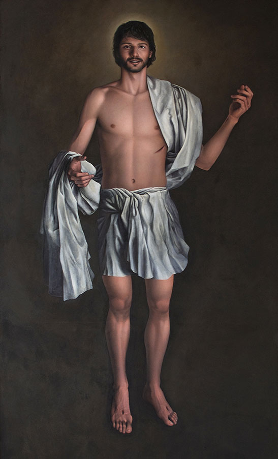 A classical-style painting of Jesus Christ standing barefoot in front of a dark background, draped in white cloth, with one hand raised and the other extended in a gesture of welcome.