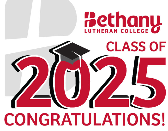 A Bethany Lutheran College Mankato Class of 2025 Congrats sign features a graduation cap placed on the zero, celebrating students graduating in 2025.