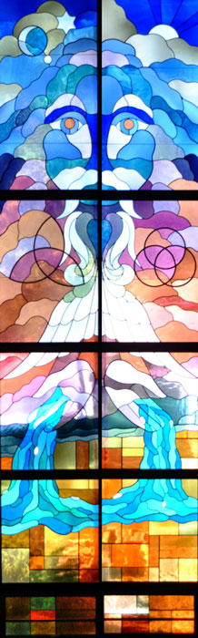 Stained glass artwork depicting a blue face with a flowing beard and hands pouring water onto colorful, geometric landscapes below.