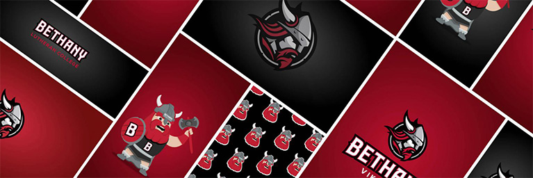 Various Bethany Vikings logos and a cartoon Viking mascot are displayed on bold red and black backgrounds, emphasizing campus community.